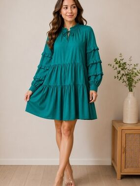 Y.A.S Jade Green Textured Tiered Long Sleeve Babydoll Mini Dress Size S